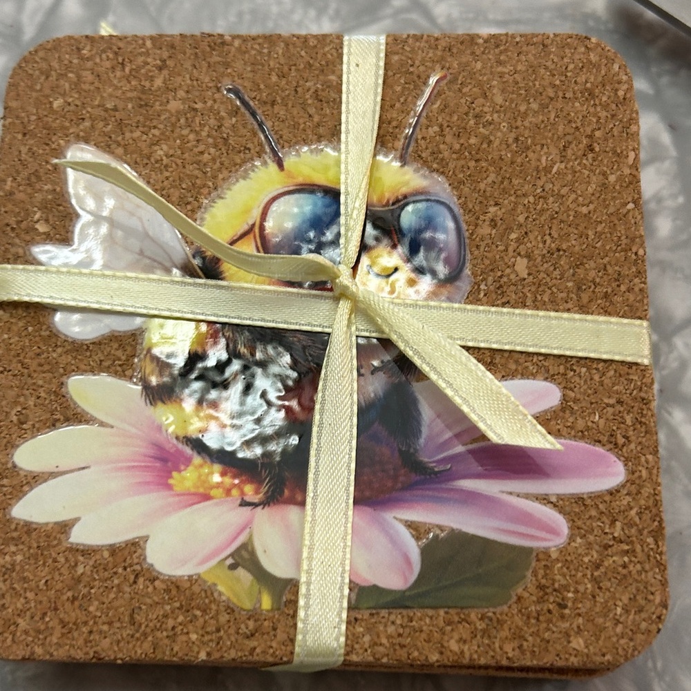 Cute Bee and Sunflower Cork Coasters Set